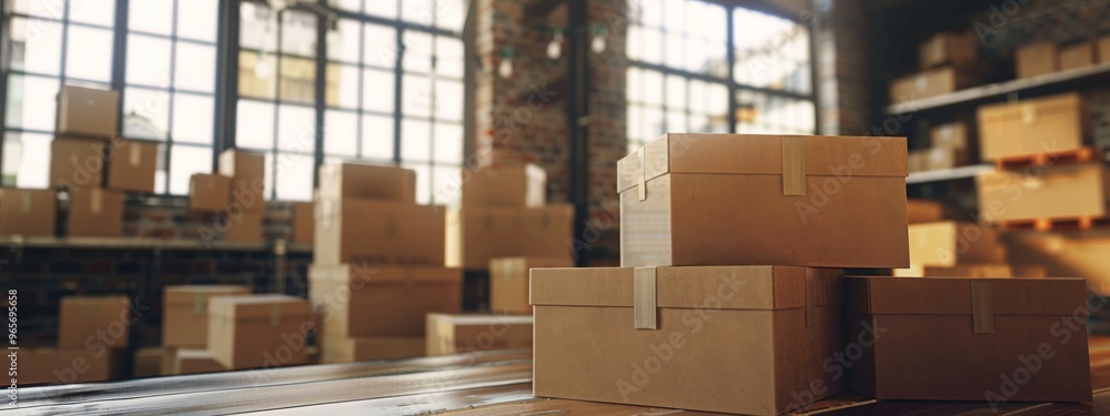 Stack of cardboard boxes in a warehouse with natural light Stack of cardboard boxes in a warehouse with natural light