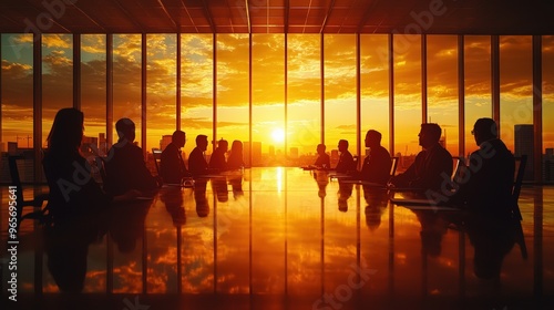 Professionals gather around a large conference table, engaged in discussions as the sun sets, casting a warm glow across the modern room and city skyline
