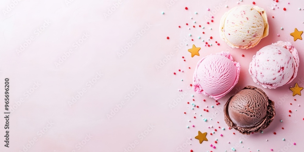 Colorful ice cream scoops on a pink background with festive sprinkles, perfect for summer treats or dessert promotions. Colorful ice cream scoops on a pink background with festive sprinkles, perfect for summer treats or dessert promotions.