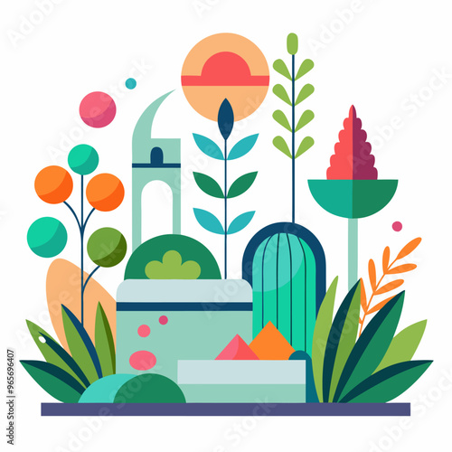 A vivid illustration of a garden showcasing various flowers and plants