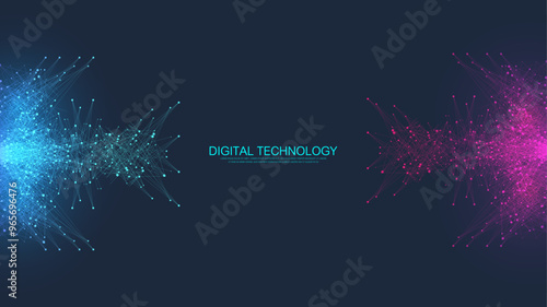 Scientific vector illustration quantum computer technology. Plexus fiction effect. Deep learning artificial intelligence. Big data algorithms visualization. Quantum explosion background.