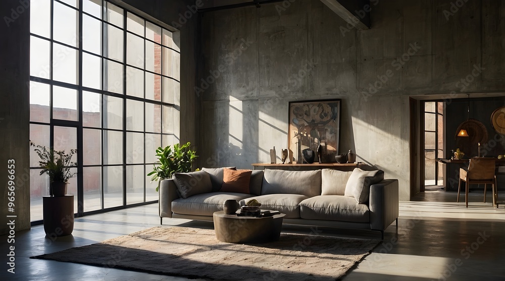 an image featuring a sleek sofa positioned against a raw concrete wall ...