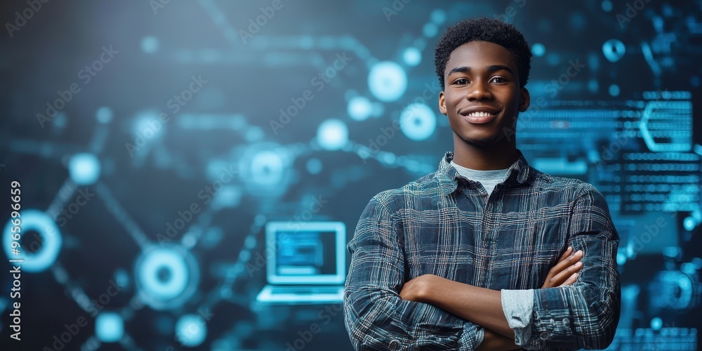 Fototapeta premium Confident young man in a digital environment showcasing technology and innovation with arms crossed and a vibrant background.