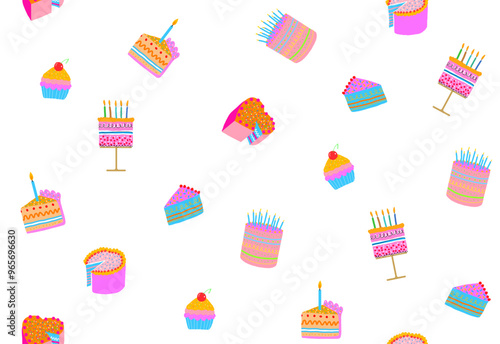 Seamless Colorful Vector Pattern with Birthday Cakes and Cupcakes on a White Background. Cute Irregular Endless Print with Hand Drawn Sweets and Desserts Ideal for Wrapping Paper, Textile. 