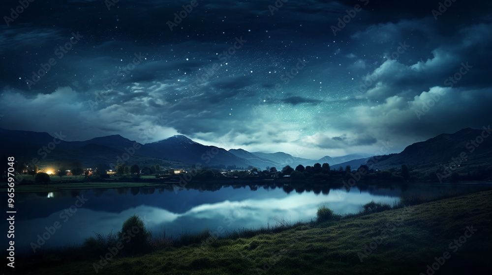 starry night sky over a calm lake starry night sky over a calm lake
