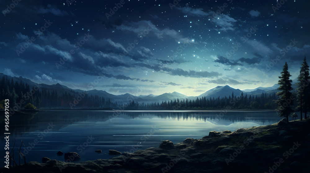 starry night sky over a calm lake starry night sky over a calm lake