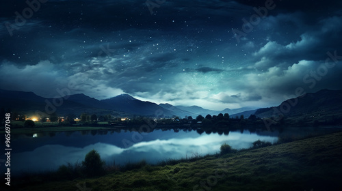 starry night sky over a calm lake