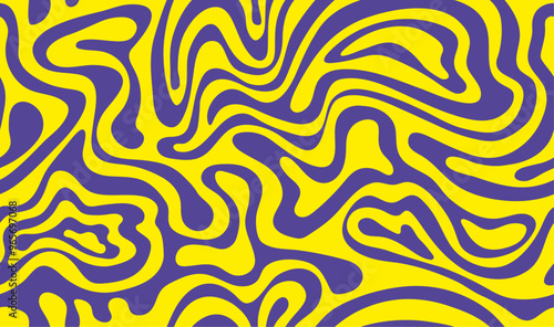 Psychedelic groovy trippy y2k retro seamless pattern in yellow and violet colors. Wavy and swirled brush strokes seamless pattern. Abstract liquid background for packaging design and advertisement.