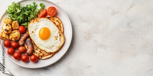 Wallpaper Mural Delicious breakfast with eggs, bacon, tomatoes, and greens on a plate. Perfect for food lovers and meal inspiration. Torontodigital.ca
