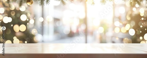Blurred White Background with Bokeh and Empty Tabletop for Product Display, Christmas Cafe Banner