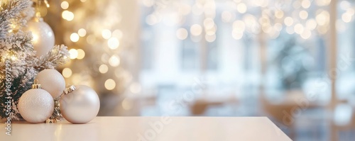 Blurred White Background with Bokeh and Empty Tabletop for Product Display, Christmas Cafe Banner