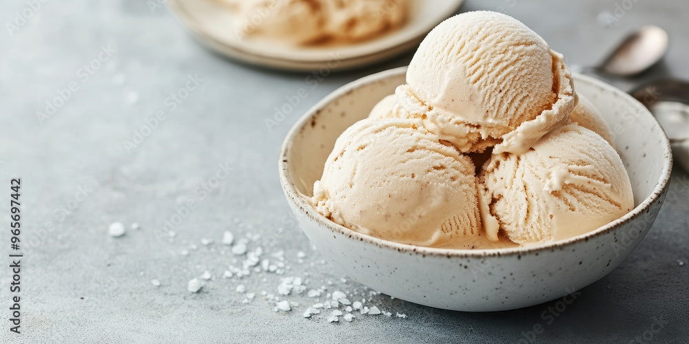 Delicious creamy vanilla ice cream scoops in a rustic bowl with a sprinkle of salt, perfect for a dessert table or summer treat. Delicious creamy vanilla ice cream scoops in a rustic bowl with a sprinkle of salt, perfect for a dessert table or summer treat.