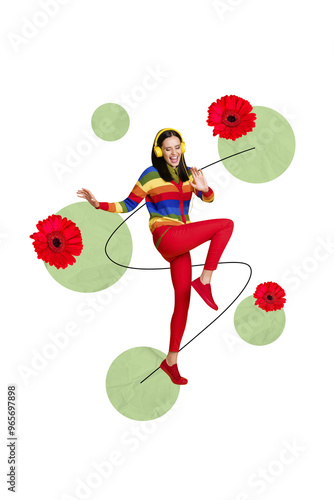 Creative designed artwork banner of energetic hipster girl dancing have fun modern earphones music lover red flowers isolated on painted background photo