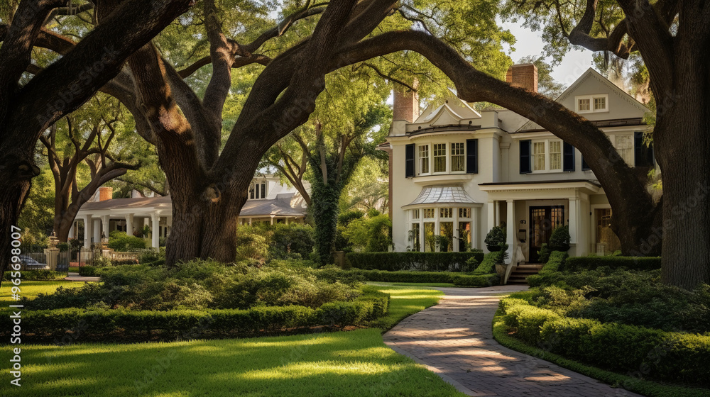 house with columns, shaded by big oak trees house with columns, shaded by big oak trees