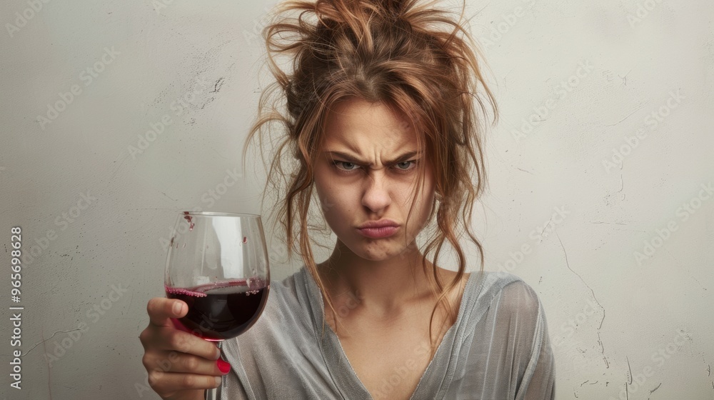 A drunken exhuasted messy female holding a glass of red wine A drunken exhuasted messy female holding a glass of red wine