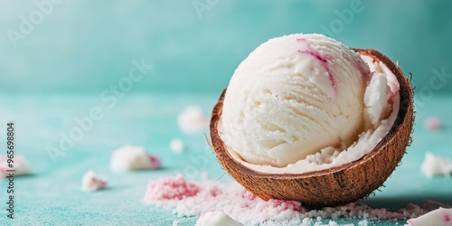 Delicious ice cream scoop in a coconut shell, garnished with colorful sprinkles on a light blue background.