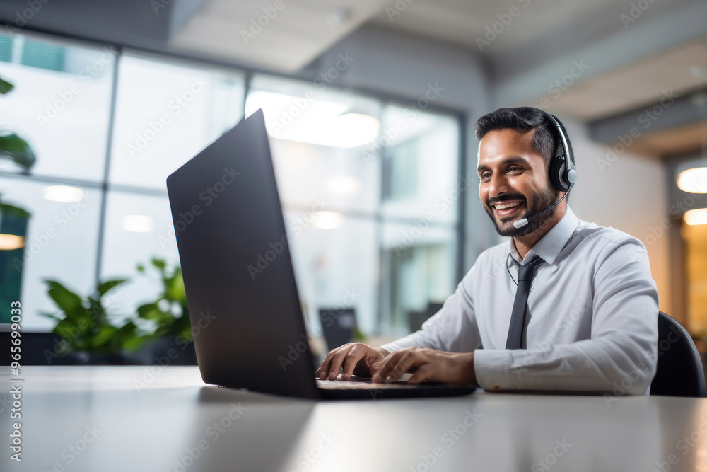 Photo of indian man working at call center, smilling talking to a laptop. Photo of indian man working at call center, smilling talking to a laptop.