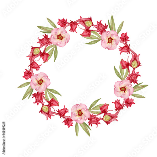 Rosella or Sudanese rose flowers in a round wreath isolated watercolor illustration.
