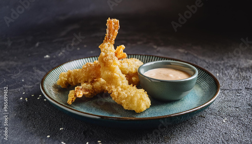 Crispy shrimp tempura with bowl of dipping sauce, Japanese dish on ceramic plate. Delicious sea food photo