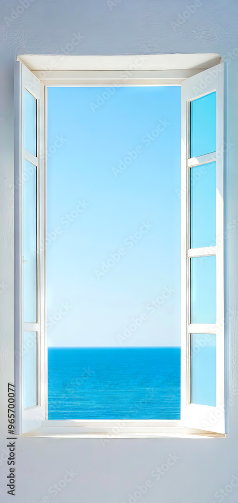 Fototapeta premium A serene view through an open window showcasing a vast blue ocean under a clear sky, perfect for evoking tranquility.