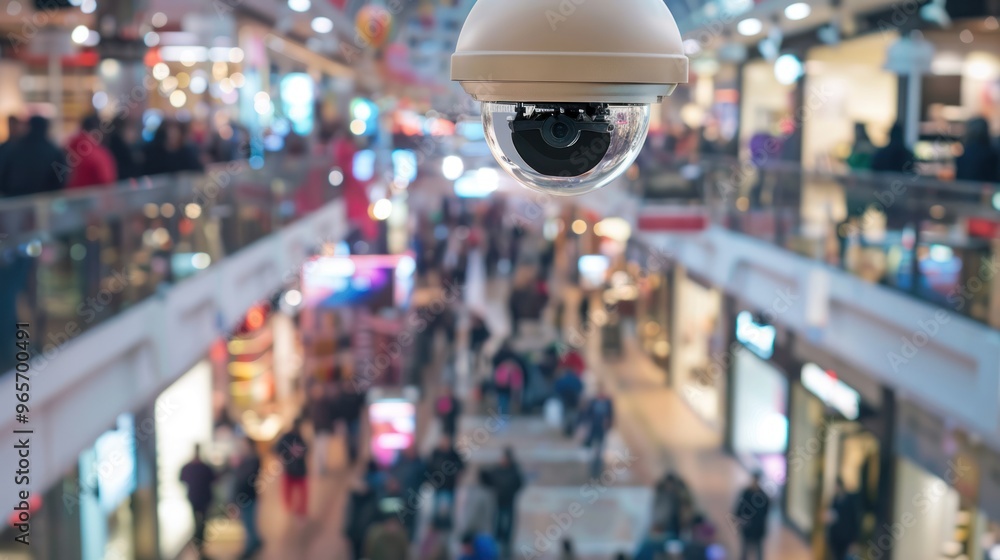 Public surveillance in a shopping district, with people browsing stores Public surveillance in a shopping district, with people browsing stores
