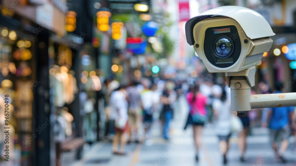Public surveillance in a shopping district, with people browsing stores