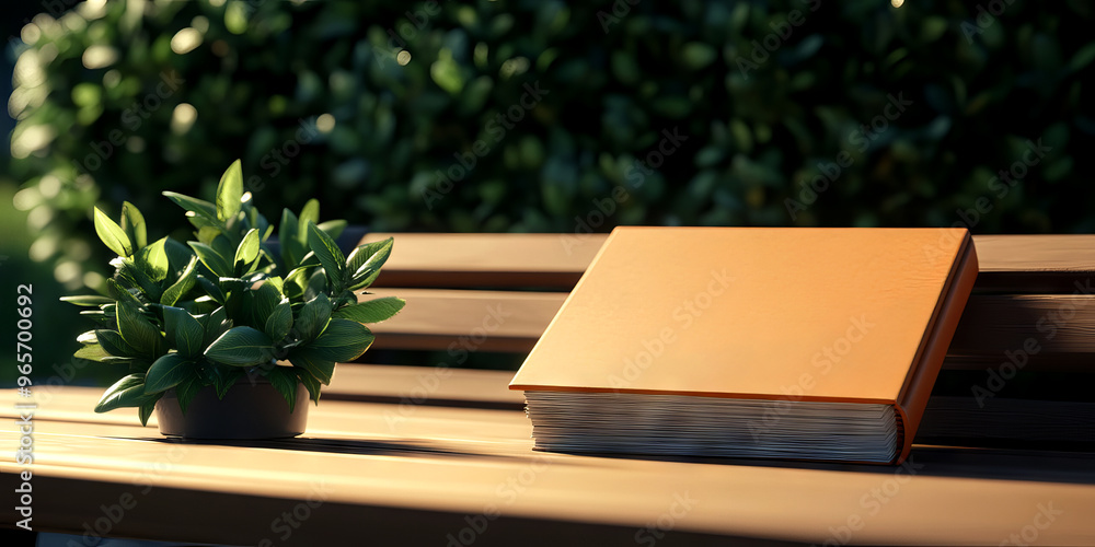 Fototapeta premium A tranquil scene featuring a book resting on a bench beside a lush plant, ideal for relaxation and reading moments.
