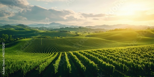 Wallpaper Mural Lush green hills under a vibrant sky, showcasing majestic vineyards at sunrise, exemplifying nature's beauty and tranquility. Torontodigital.ca