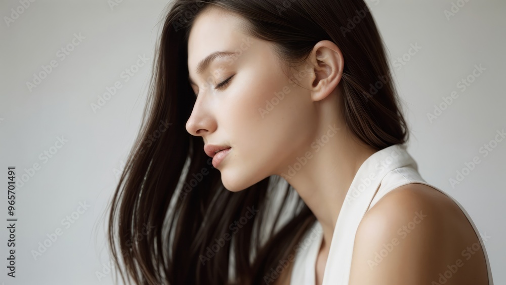 Serene Beauty: A Young Woman with Natural Makeup and Flowing Hair Serene Beauty: A Young Woman with Natural Makeup and Flowing Hair