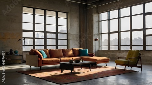 colorful living room featuring a sleek sofa positioned against a raw concrete wall. The room exudes modern minimalism, with clean lines and an urban edge. 