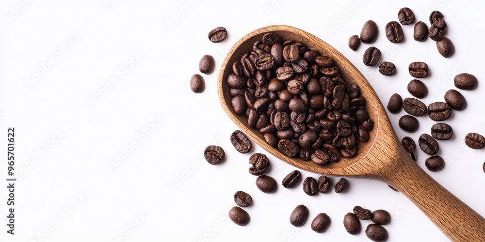 Rich, dark coffee beans spilling from a wooden spoon, perfect for showcasing the essence of coffee culture and brewing. Rich, dark coffee beans spilling from a wooden spoon, perfect for showcasing the essence of coffee culture and brewing.