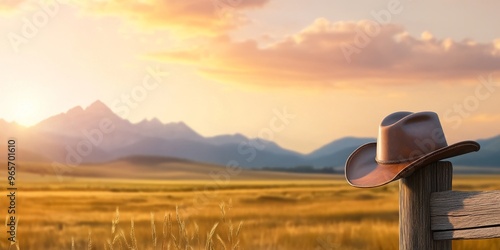 Cowboy Hat on Wooden Fence at Sunset
