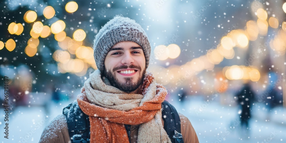 Smiling man in winter attire surrounded by snow and warm lights, capturing the joy of a festive season outdoors. Smiling man in winter attire surrounded by snow and warm lights, capturing the joy of a festive season outdoors.