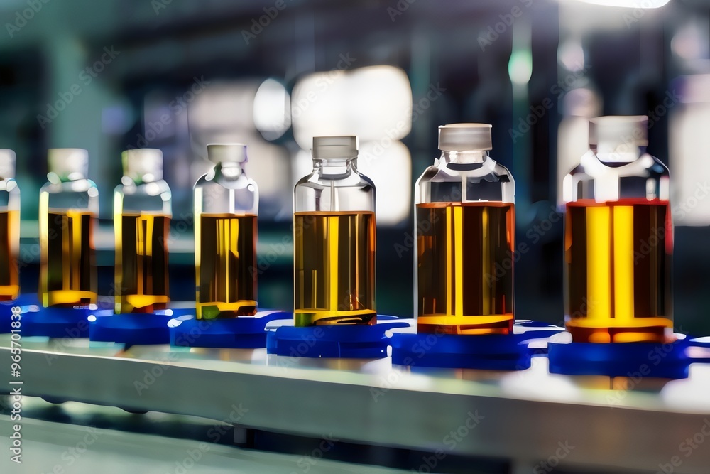 Medical vials on a production line in a pharmaceutical factory, with a pharmaceutical machine handling the production of pharmaceutical glass bottles. Generative AI. Medical vials on a production line in a pharmaceutical factory, with a pharmaceutical machine handling the production of pharmaceutical glass bottles. Generative AI.
