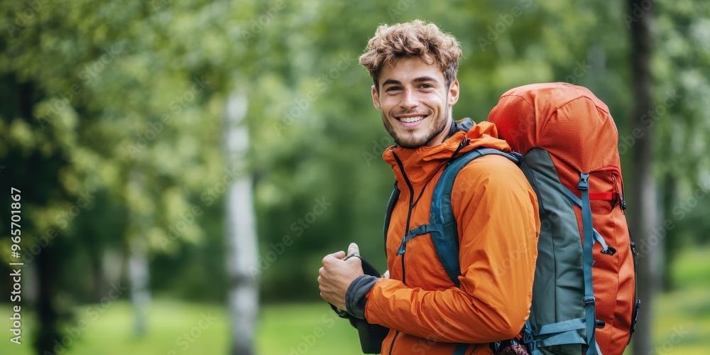 Smiling hiker in an orange jacket, enjoying the outdoors with a backpack in a green forest setting, perfect for adventure themes. Smiling hiker in an orange jacket, enjoying the outdoors with a backpack in a green forest setting, perfect for adventure themes.