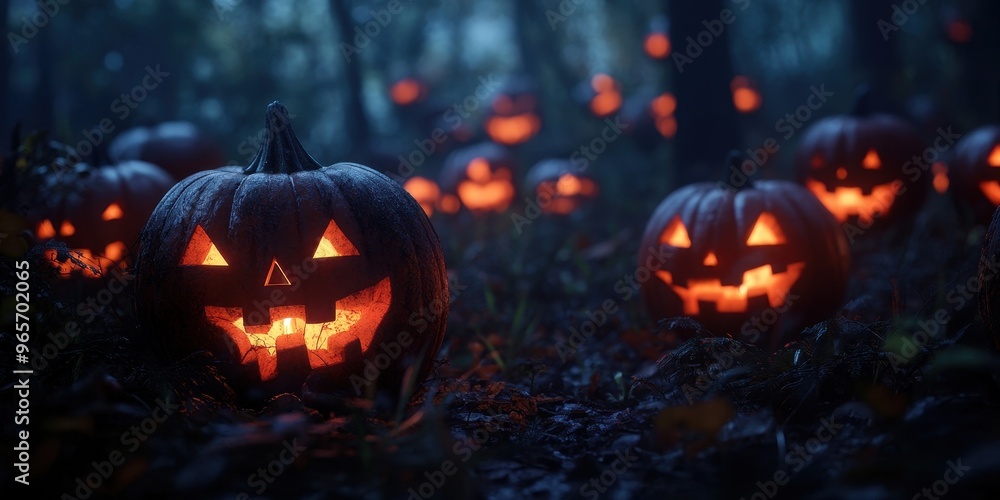 Spooky Halloween scene featuring glowing jack-o'-lanterns in a dark, eerie forest, perfect for seasonal designs and events. Spooky Halloween scene featuring glowing jack-o'-lanterns in a dark, eerie forest, perfect for seasonal designs and events.