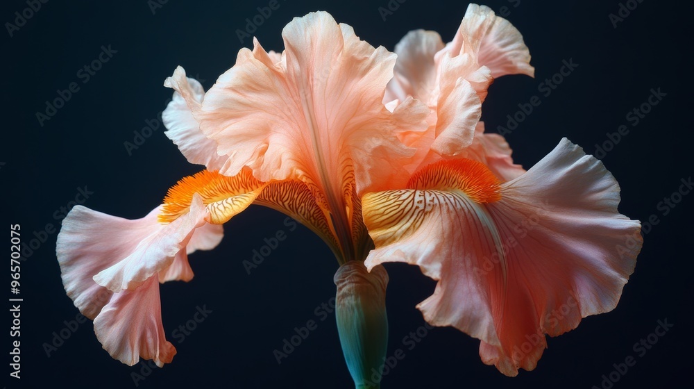 Close-up of peach iris flower on dark background, elegant nature concept Close-up of peach iris flower on dark background, elegant nature concept