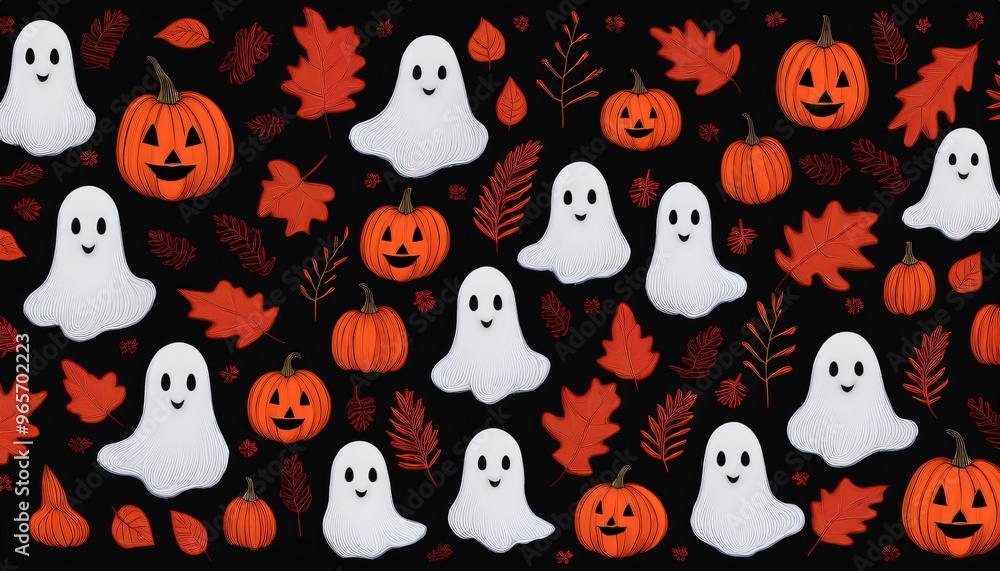 Seamless pattern of cute ghosts and pumpkins floating on a black halloween background Seamless pattern of cute ghosts and pumpkins floating on a black halloween background