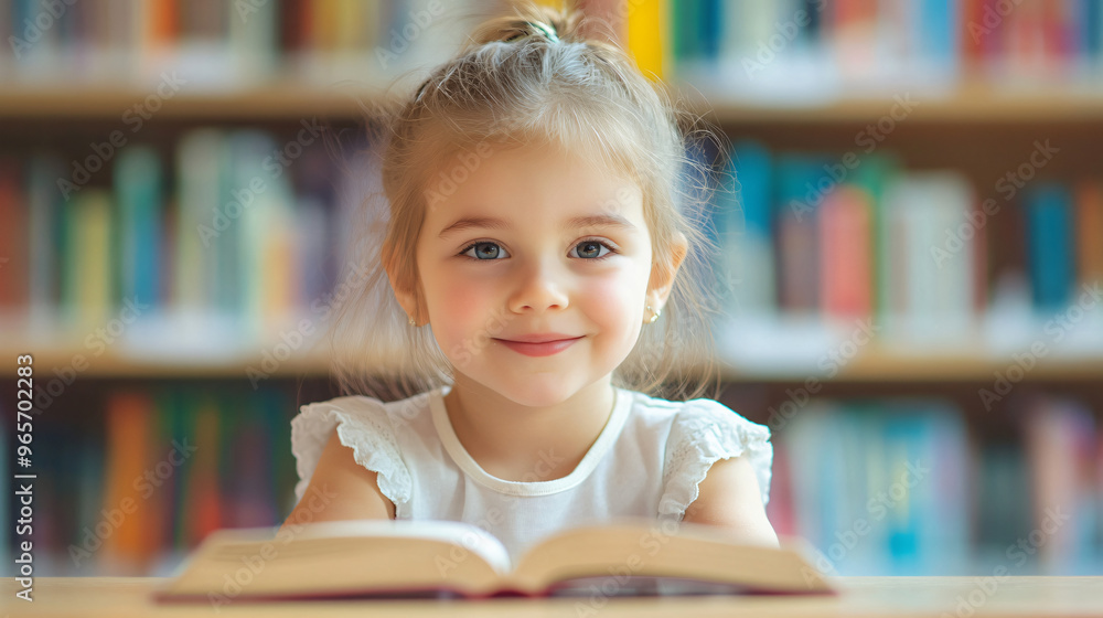Young girl happily reads a book in a library, with shelves of books all around her Young girl happily reads a book in a library, with shelves of books all around her