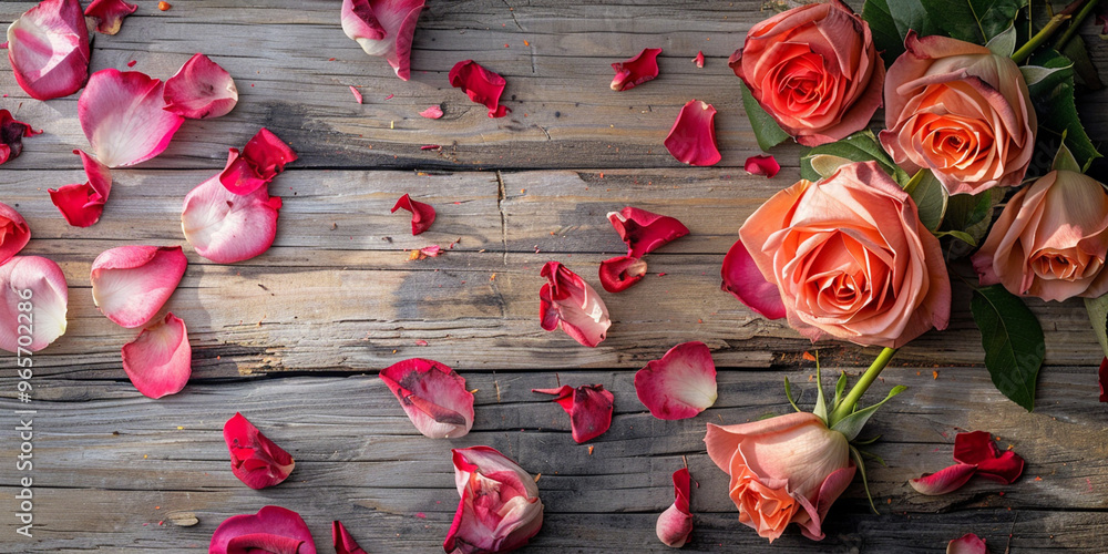 Bouquet of Roses with Scattered Petals on Wooden Surface - Romantic Floral Display Bouquet of Roses with Scattered Petals on Wooden Surface - Romantic Floral Display