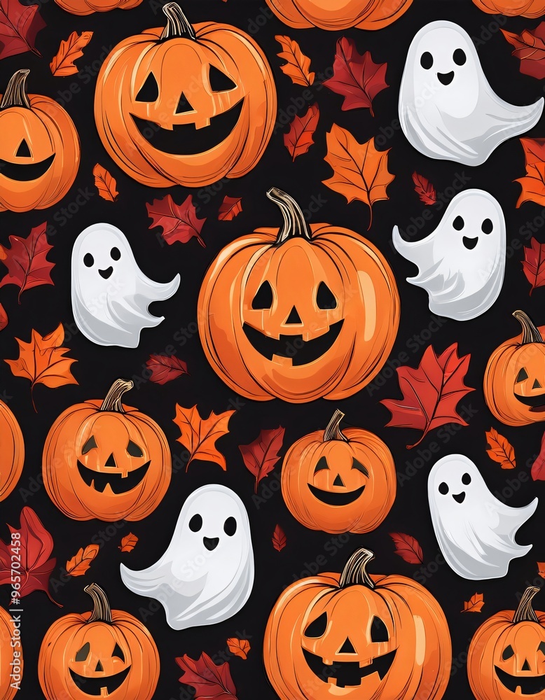 Halloween seamless pattern with cute ghosts floating among carved pumpkins and red autumn leaves on a black background Halloween seamless pattern with cute ghosts floating among carved pumpkins and red autumn leaves on a black background
