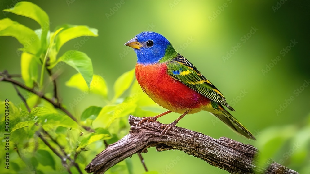 Vibrant painted bunting bird perched on a tree branch surrounded by greenery in its natural habitat Vibrant painted bunting bird perched on a tree branch surrounded by greenery in its natural habitat