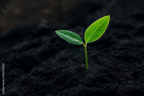 Fresh green sprout emerging from dark soil, symbolizing growth, renewal, and environmental beauty. photo