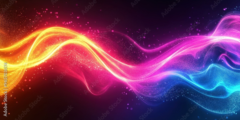 Obraz premium Vibrant abstract wave of colors, featuring radiant shades of orange, pink, and blue against a dark background.