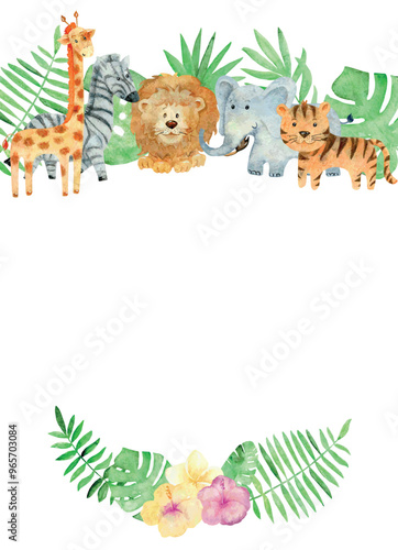 Vector baby shower card. Watercolor safari card with animals.
