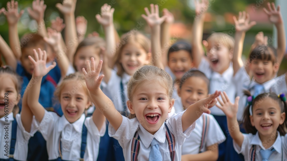 Happy children in school uniform, proudly wearing their school's colors Happy children in school uniform, proudly wearing their school's colors