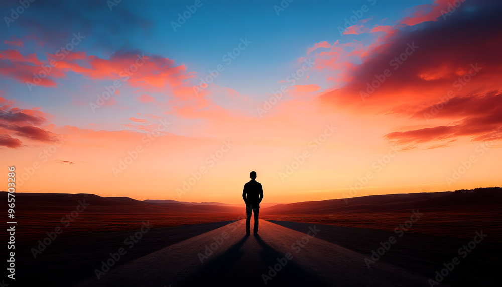 Silhouette of a person standing alone on a road against a vibrant sunset sky, evoking feelings of solitude and reflection.