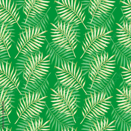 Hand drawn watercolor green palm tree leaves seamless pattern isolated on green background. Can be used for textile, fabric and other printed products.