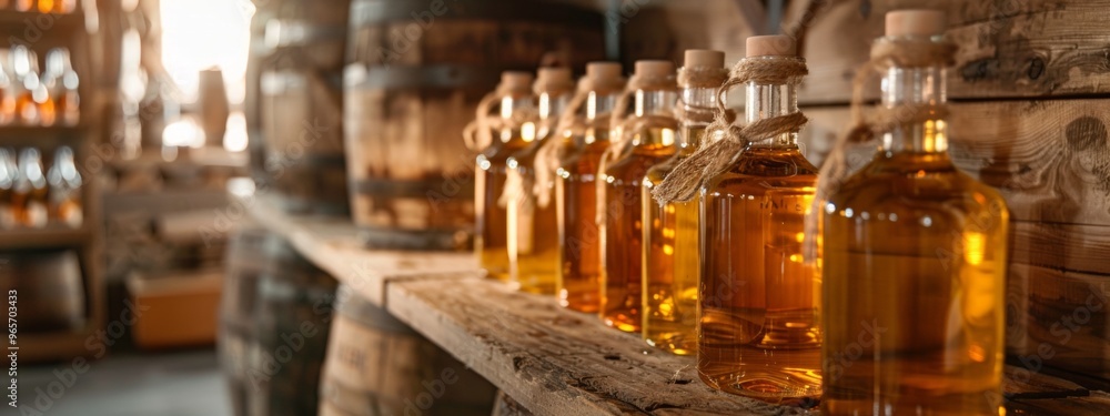 Row of glass bottles filled with amber liquid in a rustic distillery Row of glass bottles filled with amber liquid in a rustic distillery