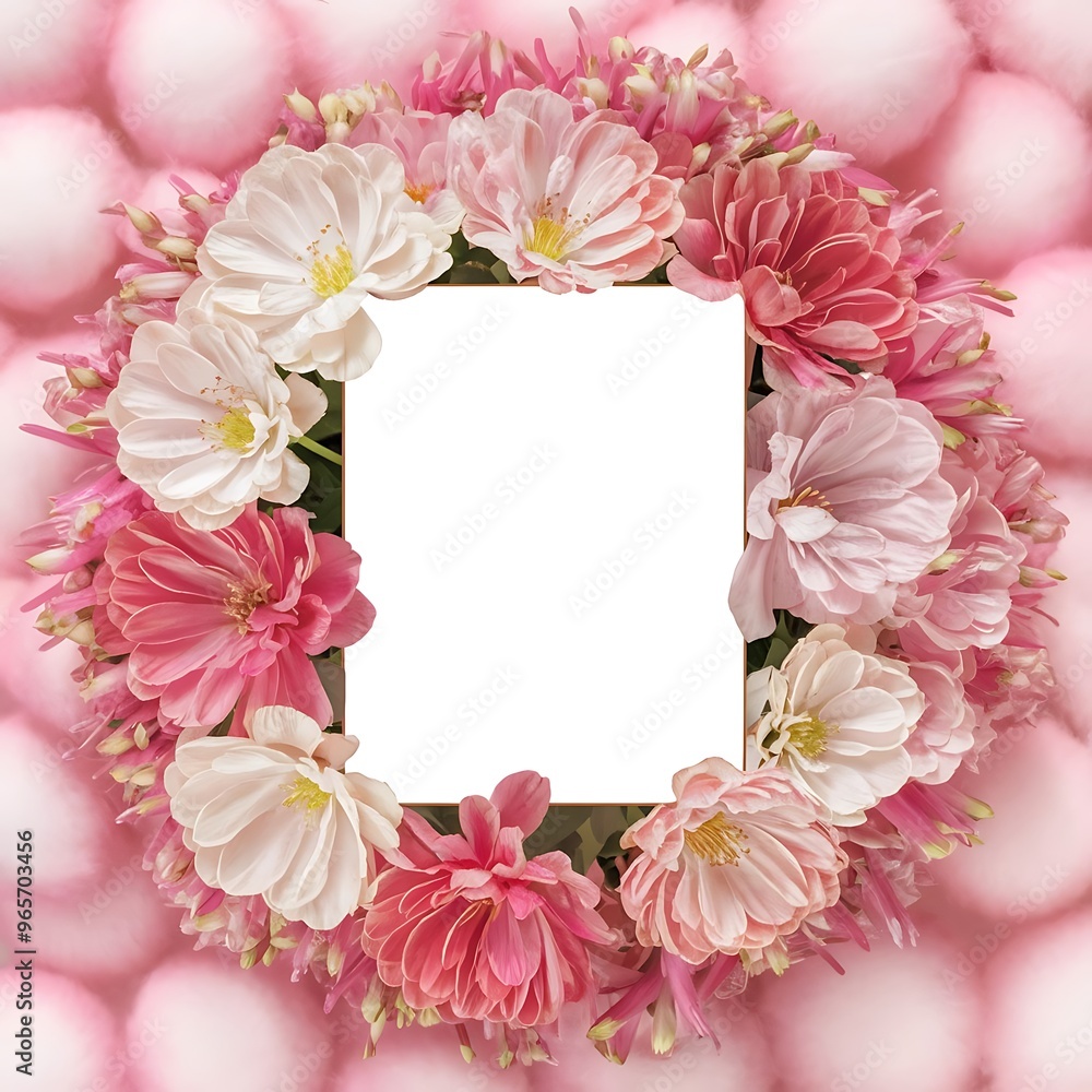 Obraz premium Top view of blank greeting card and tender eustoma flowers isolated on pink
